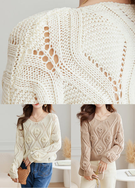 Floral Light Camel O Neck Hollow Out Knit Sweaters Fall QS027 OM-BB241010