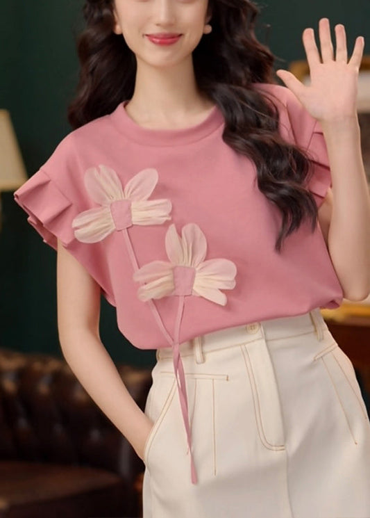 Cotton Neck Floral Summer T O Patchwork Shirt Pink FashionChic