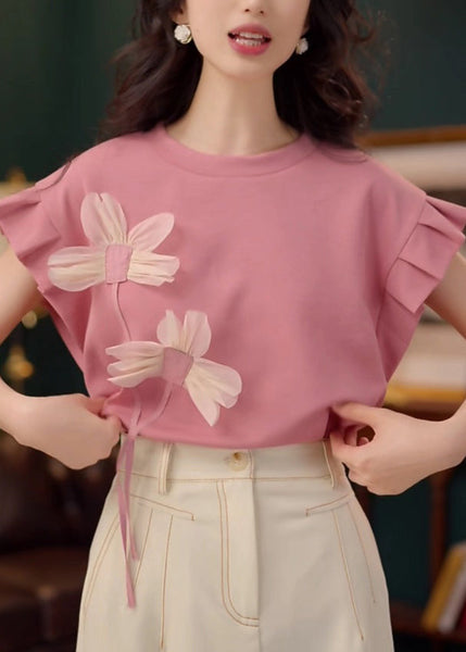 Cotton Neck Floral Summer T O Patchwork Shirt Pink FashionChic