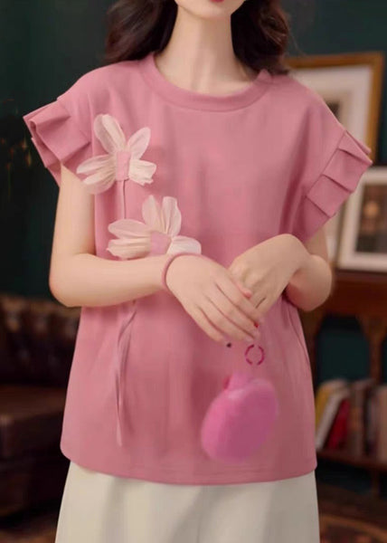 Cotton Neck Floral Summer T O Patchwork Shirt Pink FashionChic