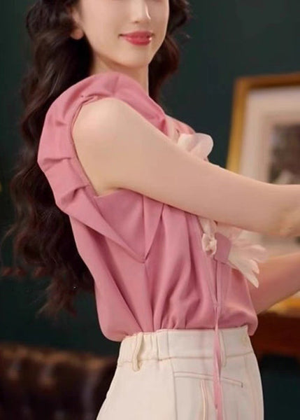 Cotton Neck Floral Summer T O Patchwork Shirt Pink FashionChic