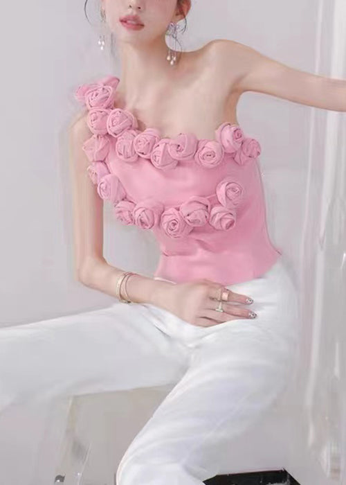 Floral Pink One-Shoulder Solid Cotton Tank Sleeveless KK088 SH-LF-VTP240602