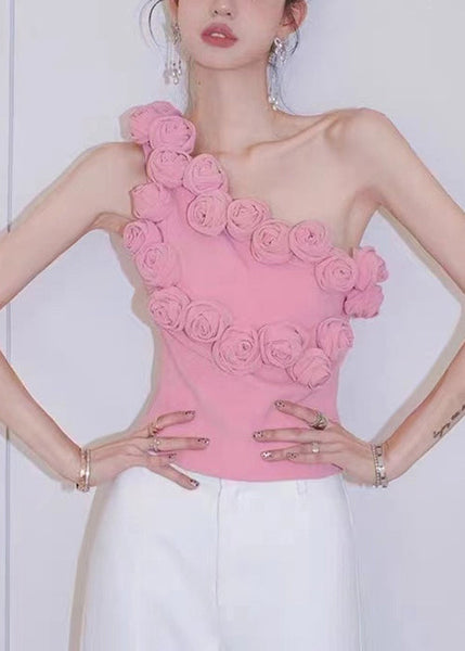 Floral Pink One-Shoulder Solid Cotton Tank Sleeveless KK088 SH-LF-VTP240602