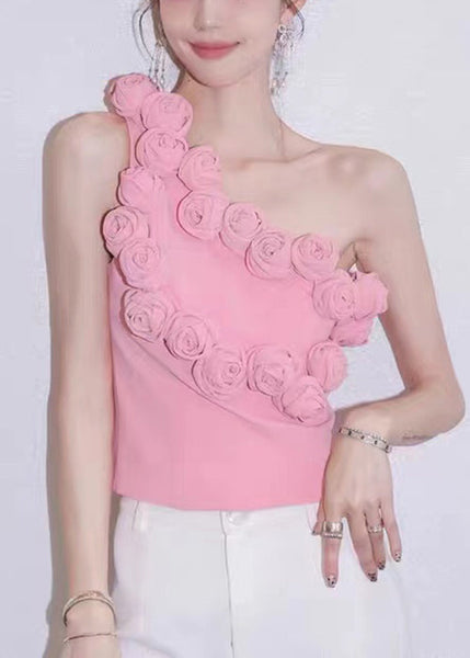 Floral Pink One-Shoulder Solid Cotton Tank Sleeveless KK088 SH-LF-VTP240602