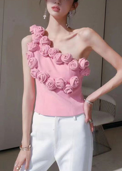 Floral Pink One-Shoulder Solid Cotton Tank Sleeveless KK088 SH-LF-VTP240602