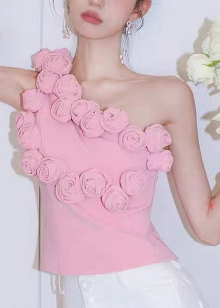 Floral Pink One-Shoulder Solid Cotton Tank Sleeveless KK088 SH-LF-VTP240602