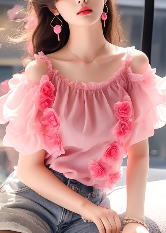 Floral Pink Ruffled Wrinkled Chiffon Top Short Sleeve OP1042 Ada Fashion