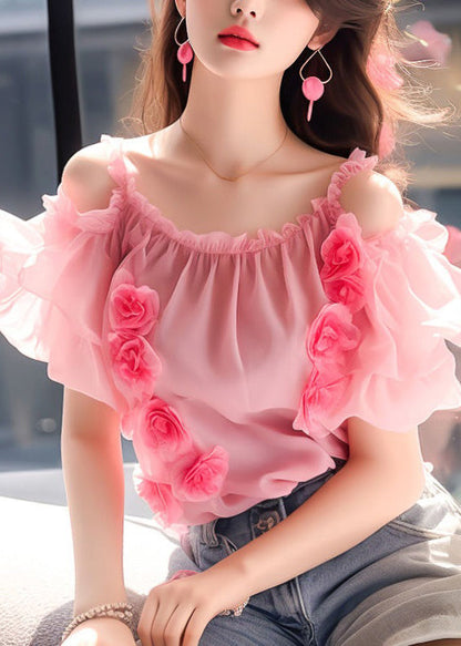 Floral Pink Ruffled Wrinkled Chiffon Top Short Sleeve OP1042 Ada Fashion