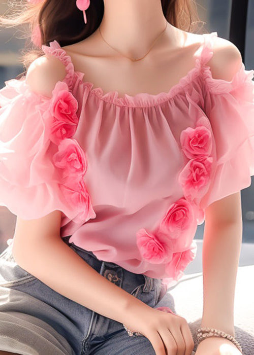 Floral Pink Ruffled Wrinkled Chiffon Top Short Sleeve OP1042 Ada Fashion