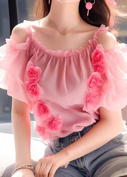 Floral Pink Ruffled Wrinkled Chiffon Top Short Sleeve OP1042 Ada Fashion