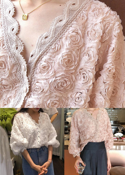 Floral Pink V Neck Button Lace Blouses Bracelet Sleeve WY013 OM-OL241106