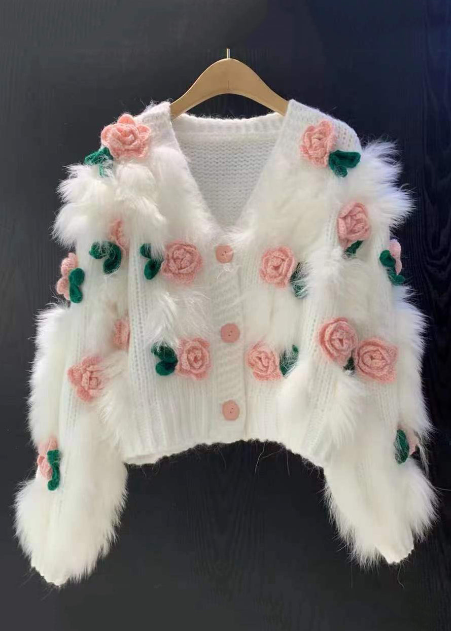 Floral Pink V Neck Button Patchwork Knit Cardigan Winter WK046 OM-SW241119