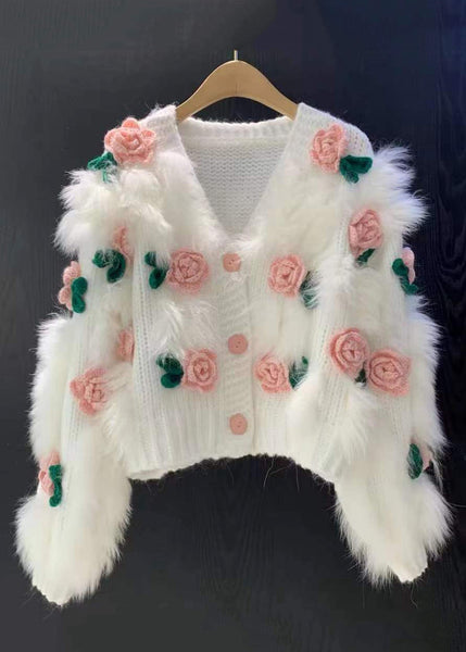 Floral Pink V Neck Button Patchwork Knit Cardigan Winter WK046 OM-SW241119