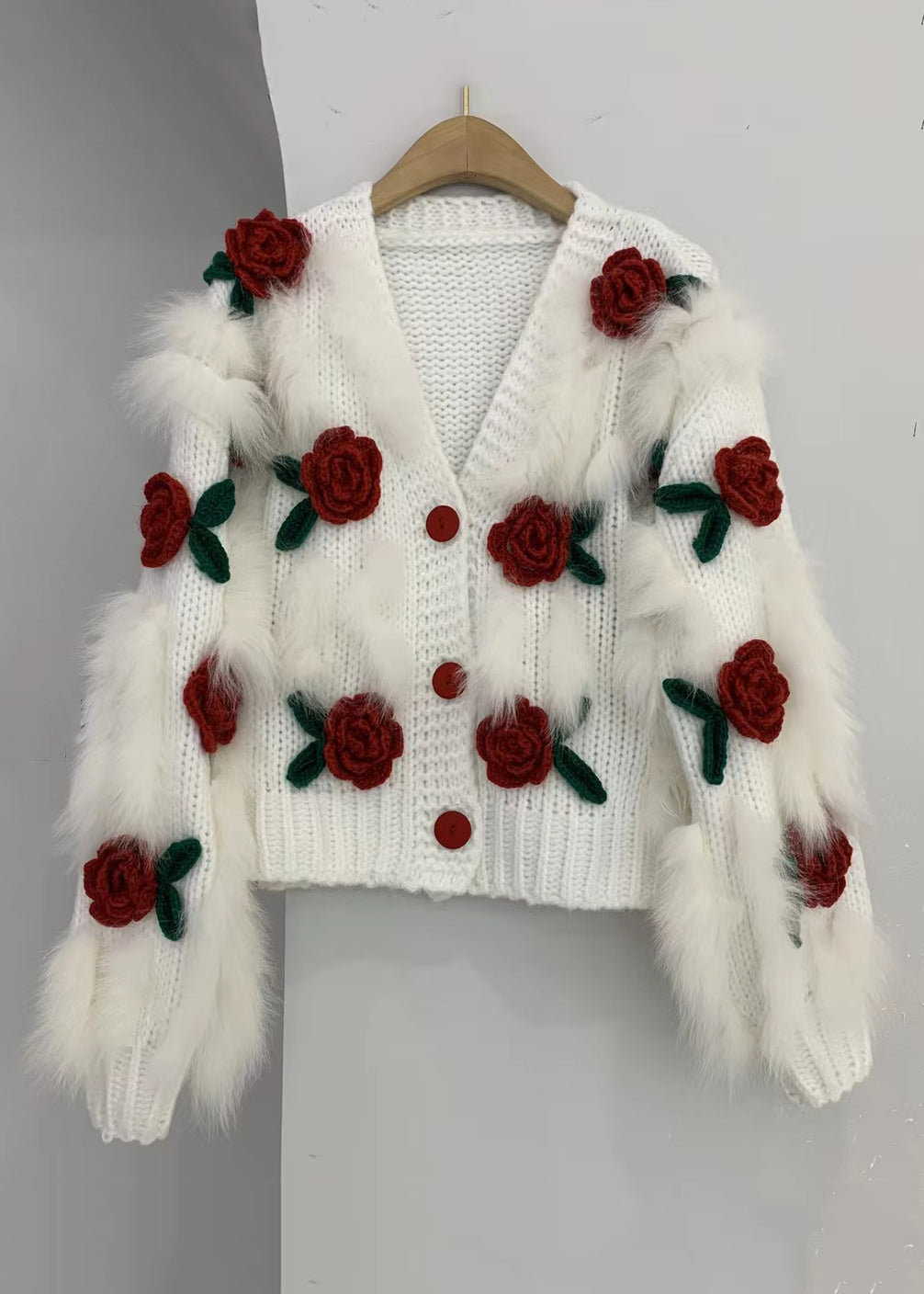 Floral Pink V Neck Button Patchwork Knit Cardigan Winter WK046 OM-SW241119