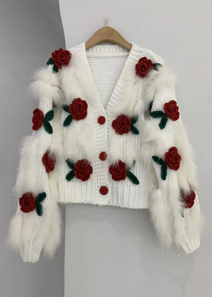 Floral Pink V Neck Button Patchwork Knit Cardigan Winter WK046 OM-SW241119