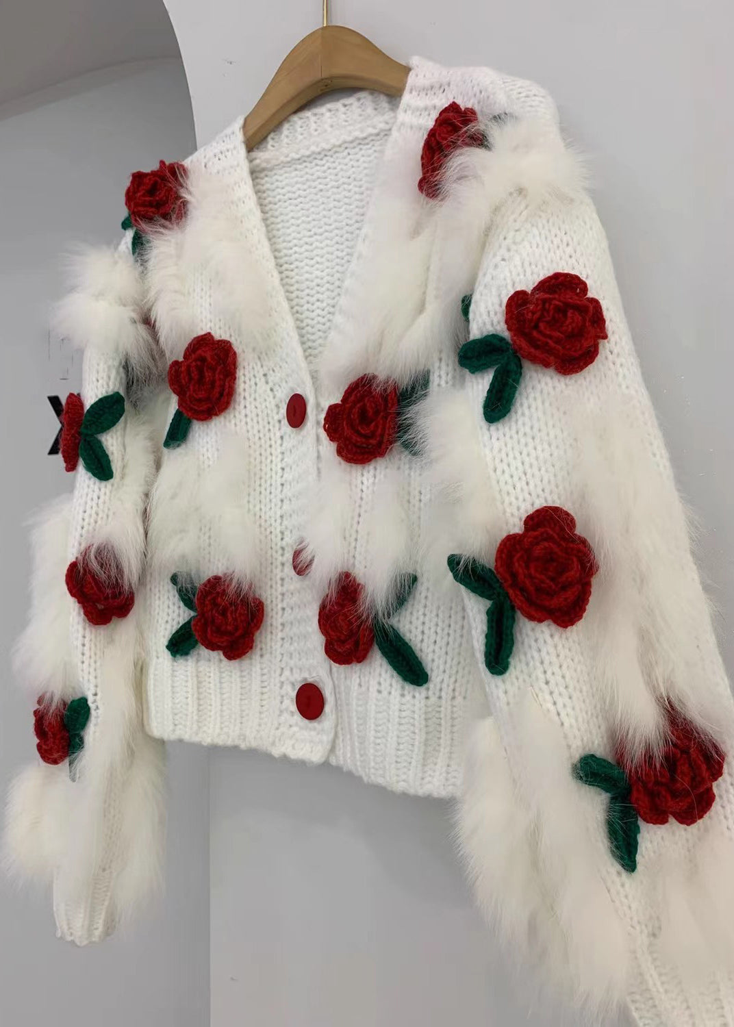 Floral Pink V Neck Button Patchwork Knit Cardigan Winter WK046 OM-SW241119