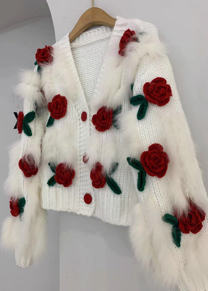 Floral Pink V Neck Button Patchwork Knit Cardigan Winter WK046 OM-SW241119