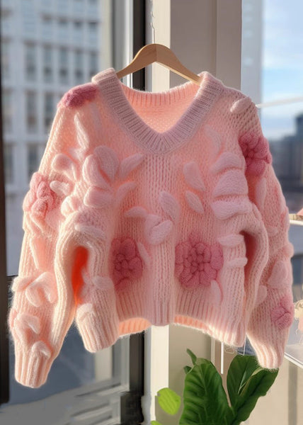 Floral Pink V Neck Original Design Knit Cardigans Fall QV060 OM-SW241024