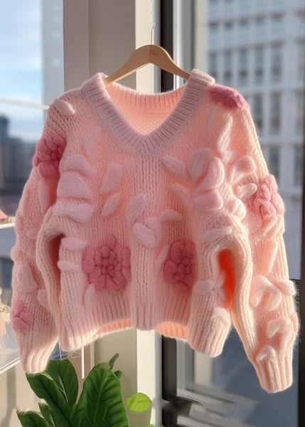 Floral Pink V Neck Original Design Knit Cardigans Fall QV060 OM-SW241024