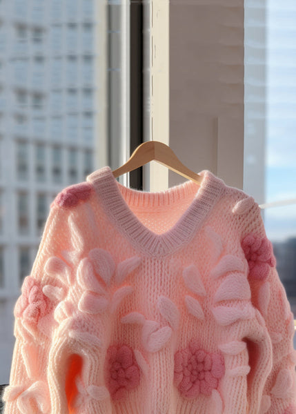 Floral Pink V Neck Original Design Knit Cardigans Fall QV060 OM-SW241024