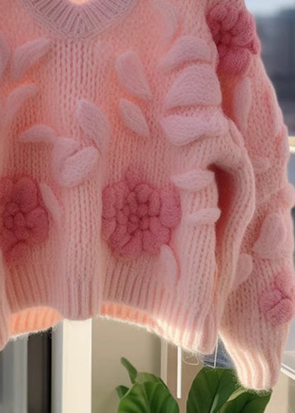 Floral Pink V Neck Original Design Knit Cardigans Fall QV060 OM-SW241024