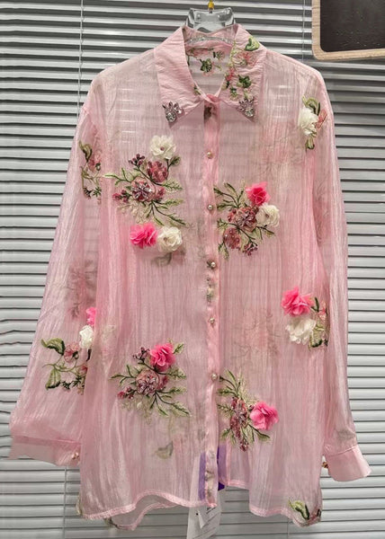Pink Patchwork Summer Zircon Cotton Shirts Floral FashionChic
