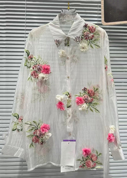 Pink Patchwork Summer Zircon Cotton Shirts Floral FashionChic