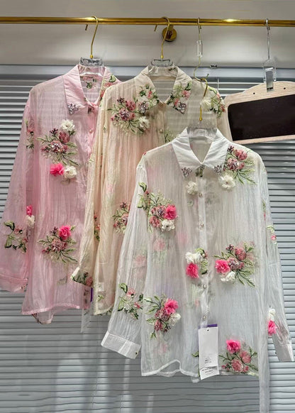 Pink Patchwork Summer Zircon Cotton Shirts Floral FashionChic