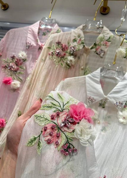 Pink Patchwork Summer Zircon Cotton Shirts Floral FashionChic