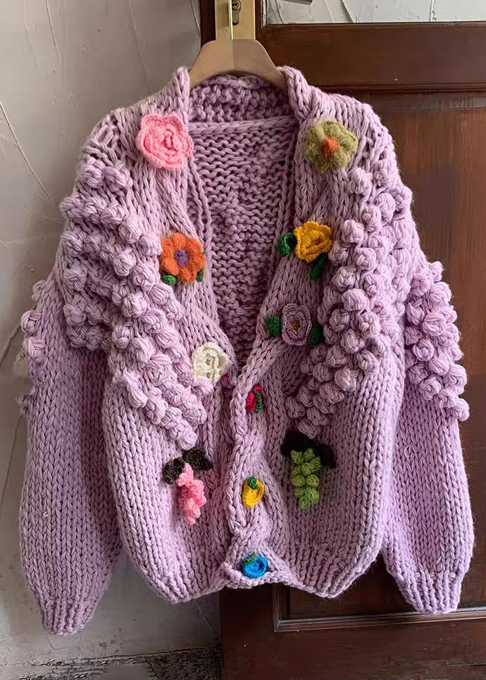 Floral Purple V Neck Button Cozy Knit Cardigans Winter WY010 OM-OL241106