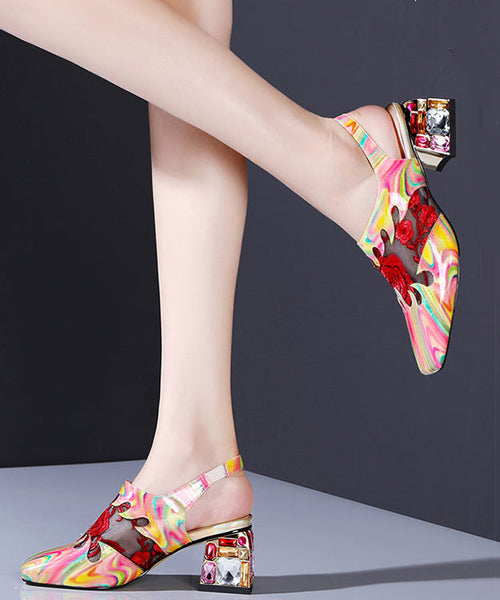 Floral Red Buckle Strap Breathable Mesh Splicing Chunky High Heels RT1053 Ada Fashion
