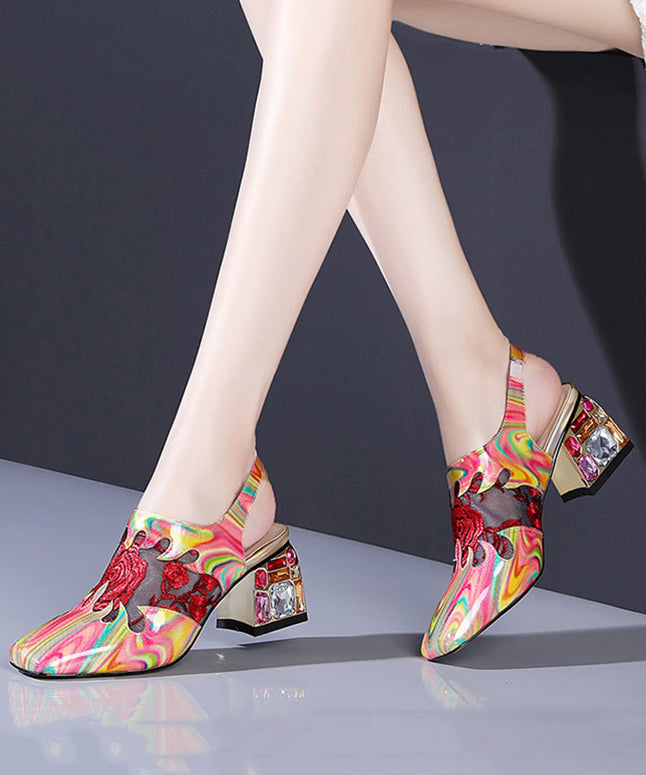 Floral Red Buckle Strap Breathable Mesh Splicing Chunky High Heels RT1053 Ada Fashion