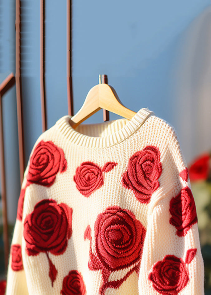 Floral Red Hollow Out Cozy Knit Sweaters Fall QV061 OM-SW241024