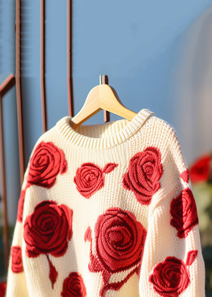 Floral Red Hollow Out Cozy Knit Sweaters Fall QV061 OM-SW241024
