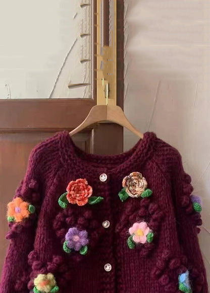 Floral Red O Neck Button Cozy Cotton Knit Coats Long Sleeve Ada Fashion