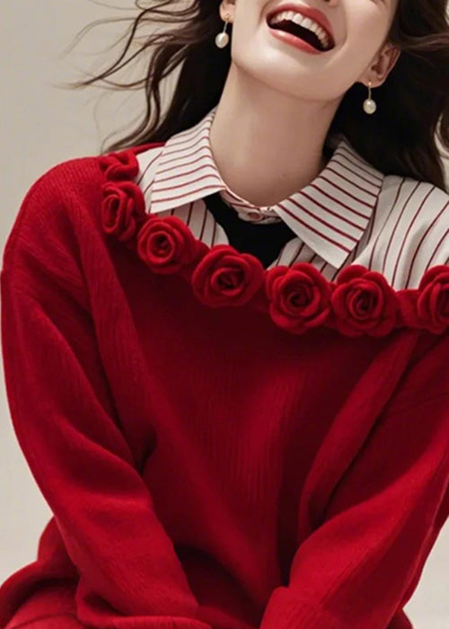 Floral Red Slash Neck Solid Knit Sweater Dress Fall QS015 OM-BB241010