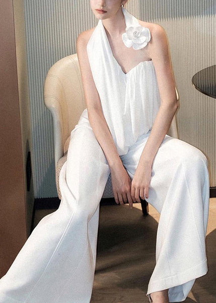 Floral White Asymmetrical Tank And Wide Leg Pants Cotton Two Pieces Set Sleeveless YZ063 ABC