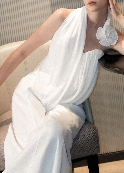 Floral White Asymmetrical Tank And Wide Leg Pants Cotton Two Pieces Set Sleeveless YZ063 ABC