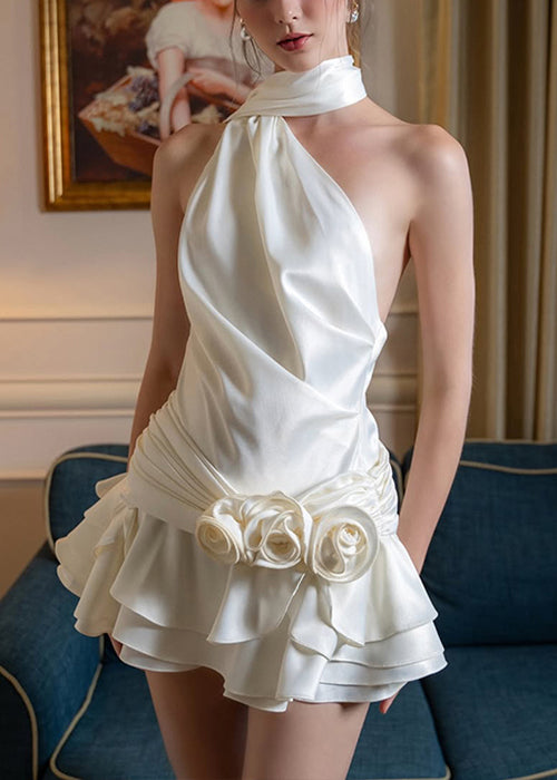 Floral White Backless Wrinkled Silk Mid Dress Sleeveless YZ076 ABC