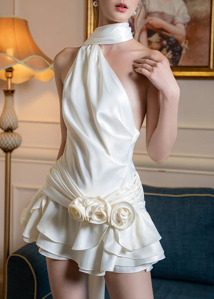 Floral White Backless Wrinkled Silk Mid Dress Sleeveless YZ076 ABC