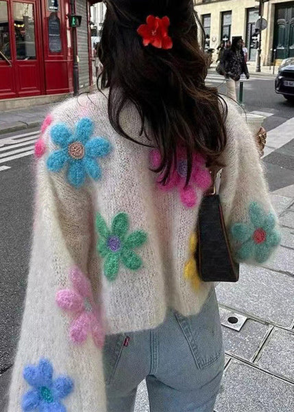 Floral White Button Hollow Out Wool Knit Cardigans Winter WK045 OM-SW241119
