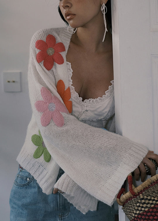 Floral White Button Hollow Out Wool Knit Cardigans Winter WK045 OM-SW241119