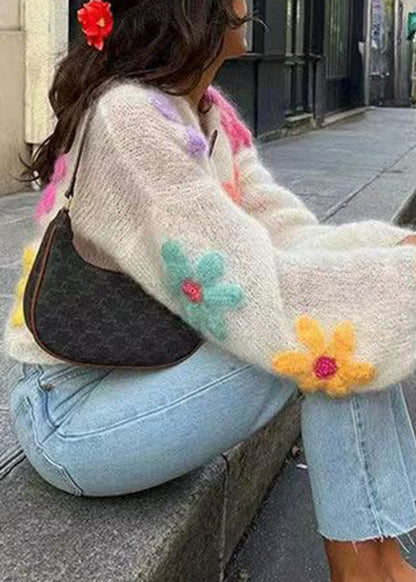 Floral White Button Hollow Out Wool Knit Cardigans Winter WK045 OM-SW241119