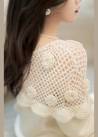 Floral White Hollow Out Patchwork Cotton Knit Top Long Sleeve Ada Fashion