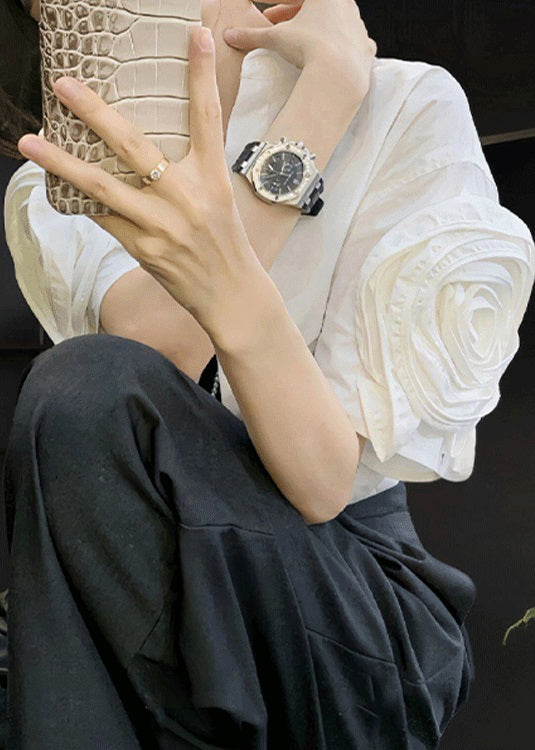 Floral White Peter Pan Collar Solid Cotton Shirts Summer AW1019 OM-NZ240827