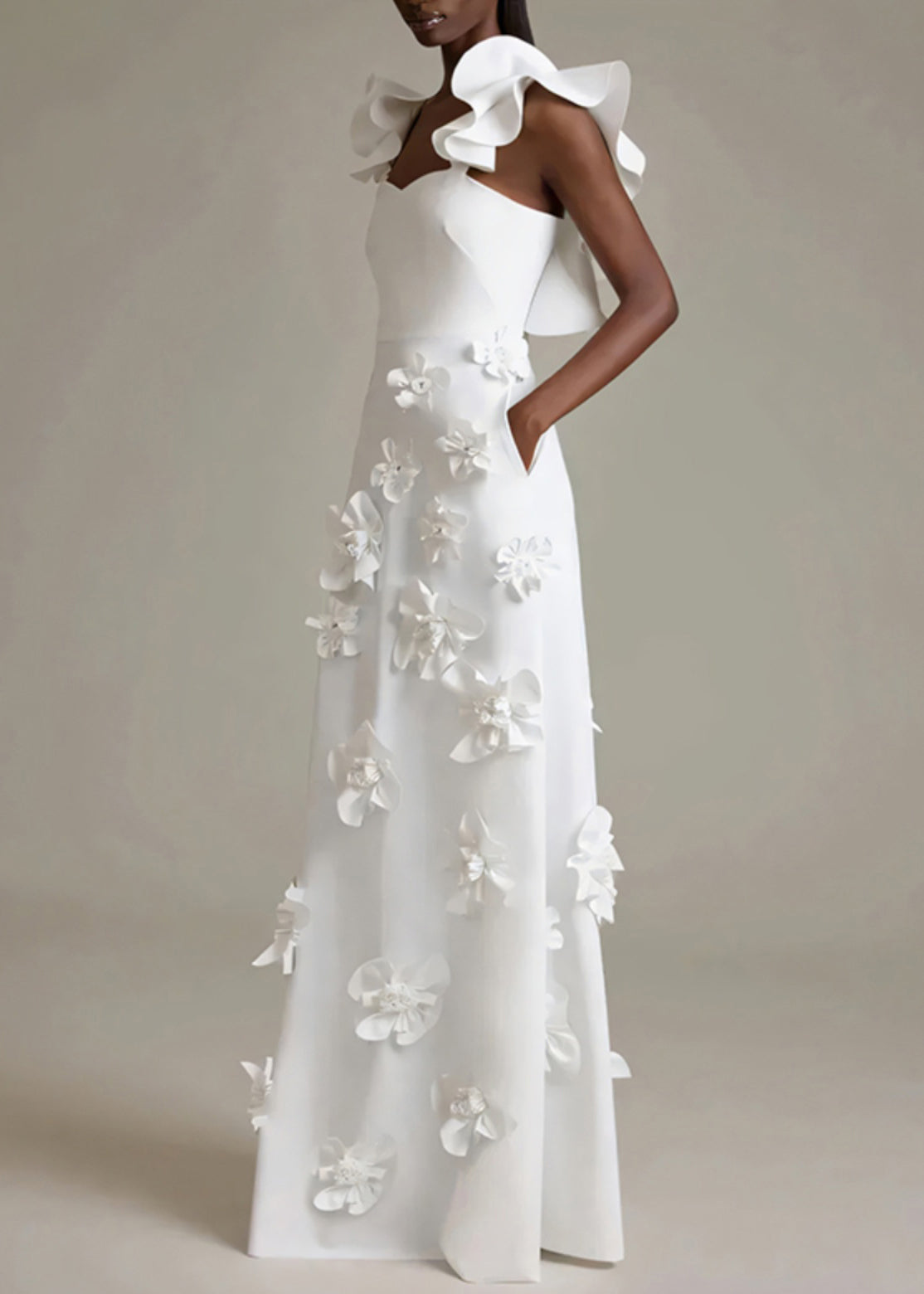 White Pockets Cotton Ruffled Dress Party Sleeveless Floral FashionChic