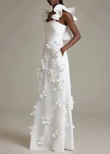 White Pockets Cotton Ruffled Dress Party Sleeveless Floral FashionChic