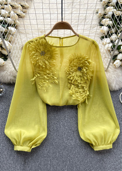 Floral Yellow O Neck Solid Chiffon Shirts Long Sleeve TR045 ZS-LTP240730
