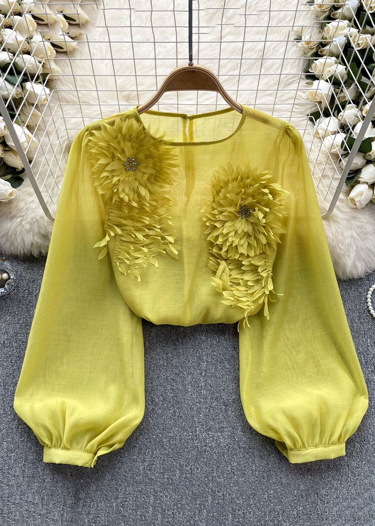 Floral Yellow O Neck Solid Chiffon Shirts Long Sleeve TR045 ZS-LTP240730