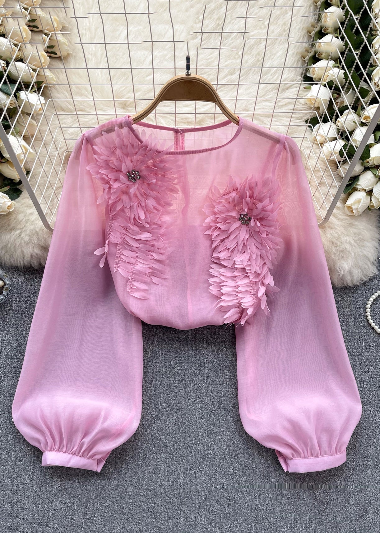 Floral Yellow O Neck Solid Chiffon Shirts Long Sleeve TR045 ZS-LTP240730